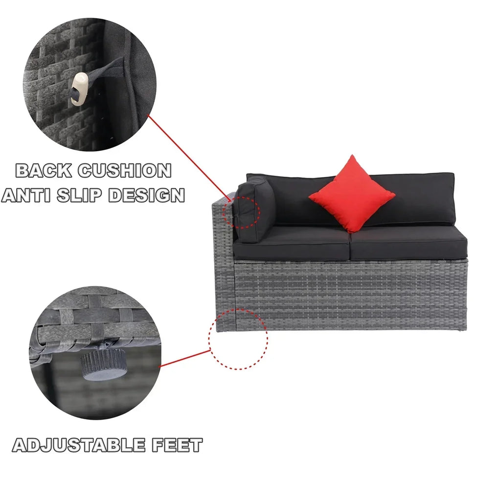 Nouveauté 2026 – Ensemble de mobilier de patio 7 pièces , canapé d'angle en rotin PE, ensemble de conversation avec coussins et table basse en verre, pour balcon, pelouse et jardin, gris