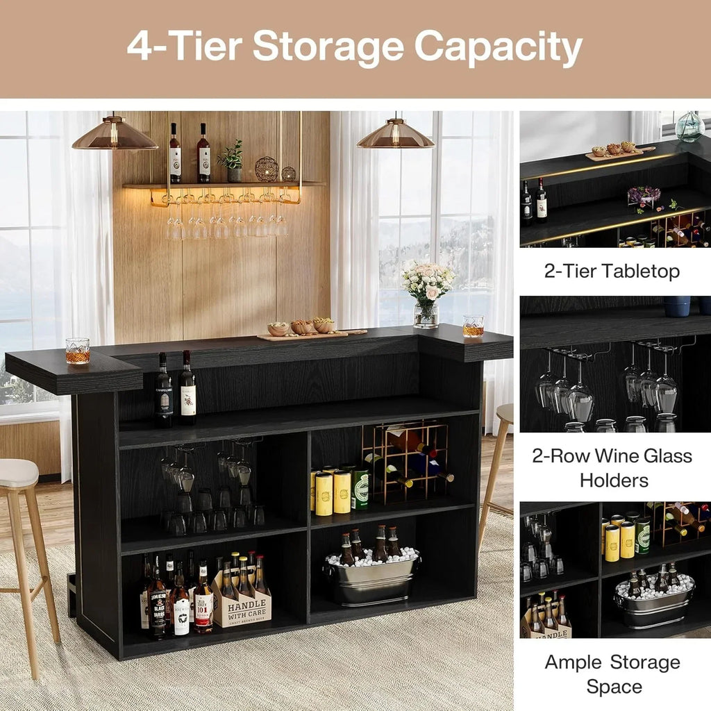 Nouveauté 2026 – Table de bar à 4 niveaux Tribesigns , grand meuble bar de 180 cm avec porte-verres à vin et repose-pieds noir, pour cuisine, salle à manger, salon, pub, marron rustique