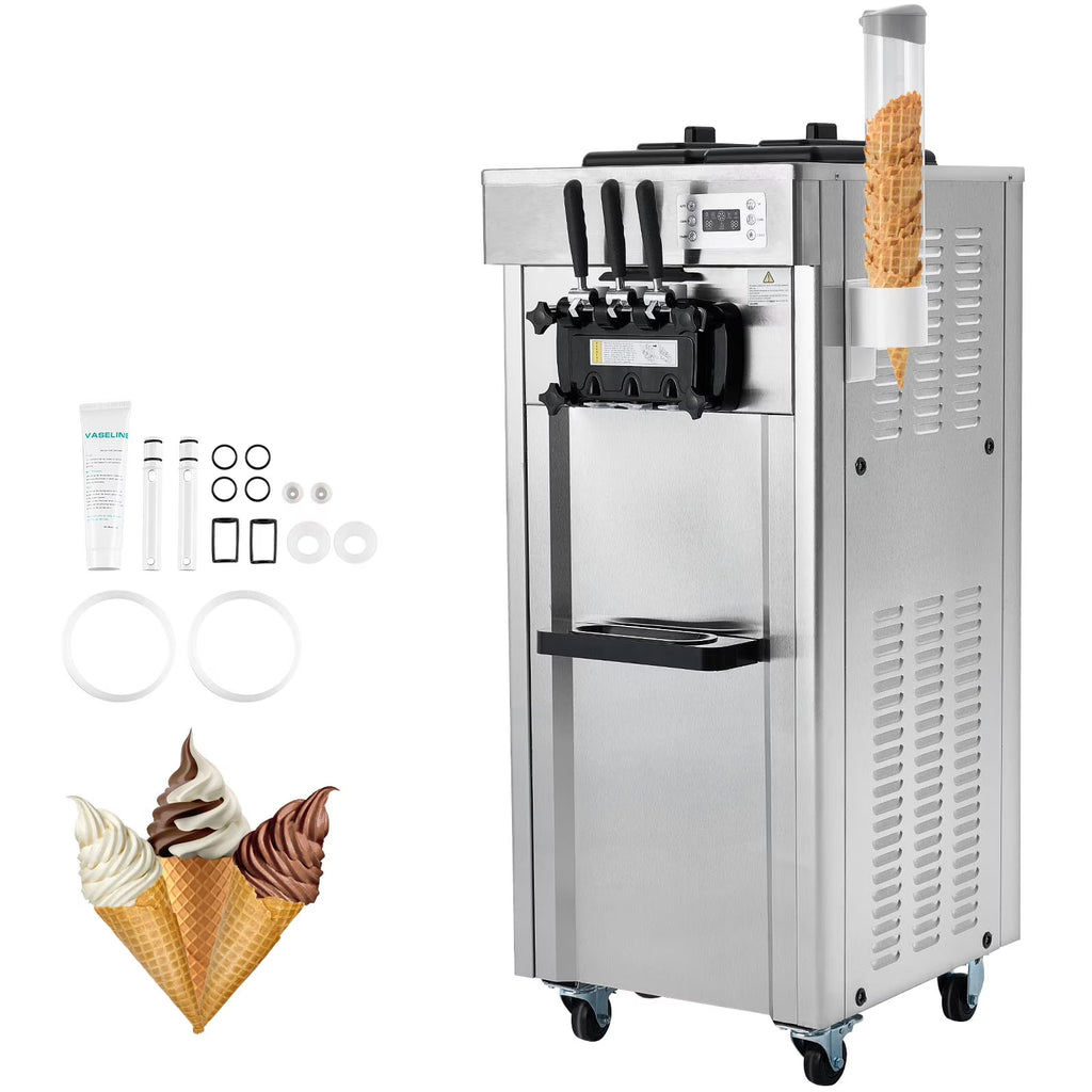 Nouveauté 2026 – Machine à glace molle commerciale KFFKFF , débit de 21 à 31 l/h, 3 parfums, affichage LED, nettoyage automatique, trémie de 4,3 l/1,1 gal, réservoir de 1,7 l/0,45 gal