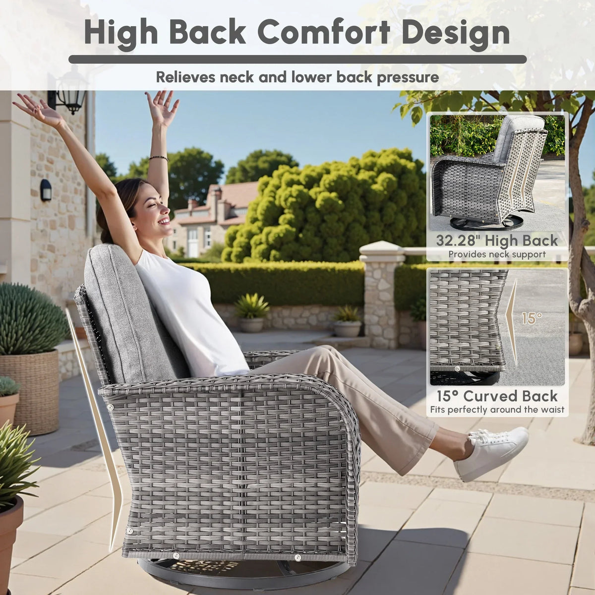 Nouveauté 2026 – Ensemble de mobilier de jardin 5 pièces Ovios , comprenant fauteuils pivotants et table basse, en résine tressée résistante aux intempéries, gris foncé