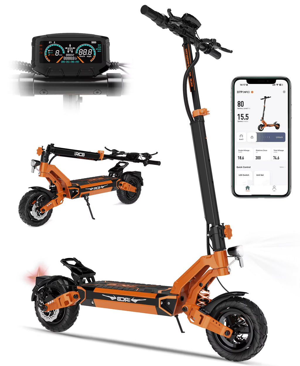 Nouveauté 2026 – Trottinette électrique pour adultes , autonomie maximale de 112 km, moteur de 1000 W, batterie 48 V 27 Ah, pneus increvables de 25 cm, double suspension, contrôle via application et NFC - RCB D7PRO
