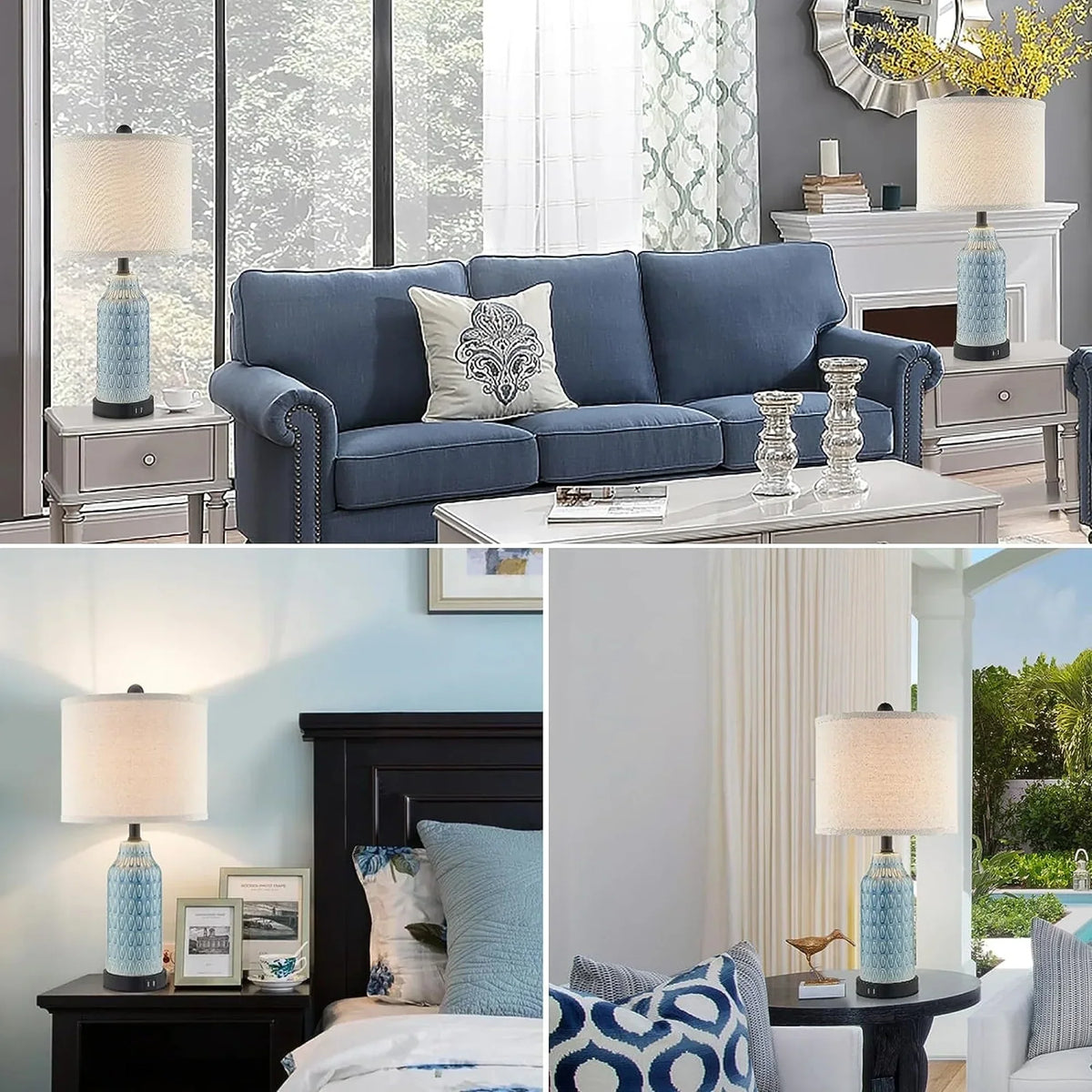 Nouveauté 2026 – Ensemble de 2 lampes de table Cinkeda pour salon et chambre à coucher, avec ports USB, prise secteur, intensité réglable à 3 niveaux, veilleuse tactile, style champêtre, motif floral blanc, lampes de chevet