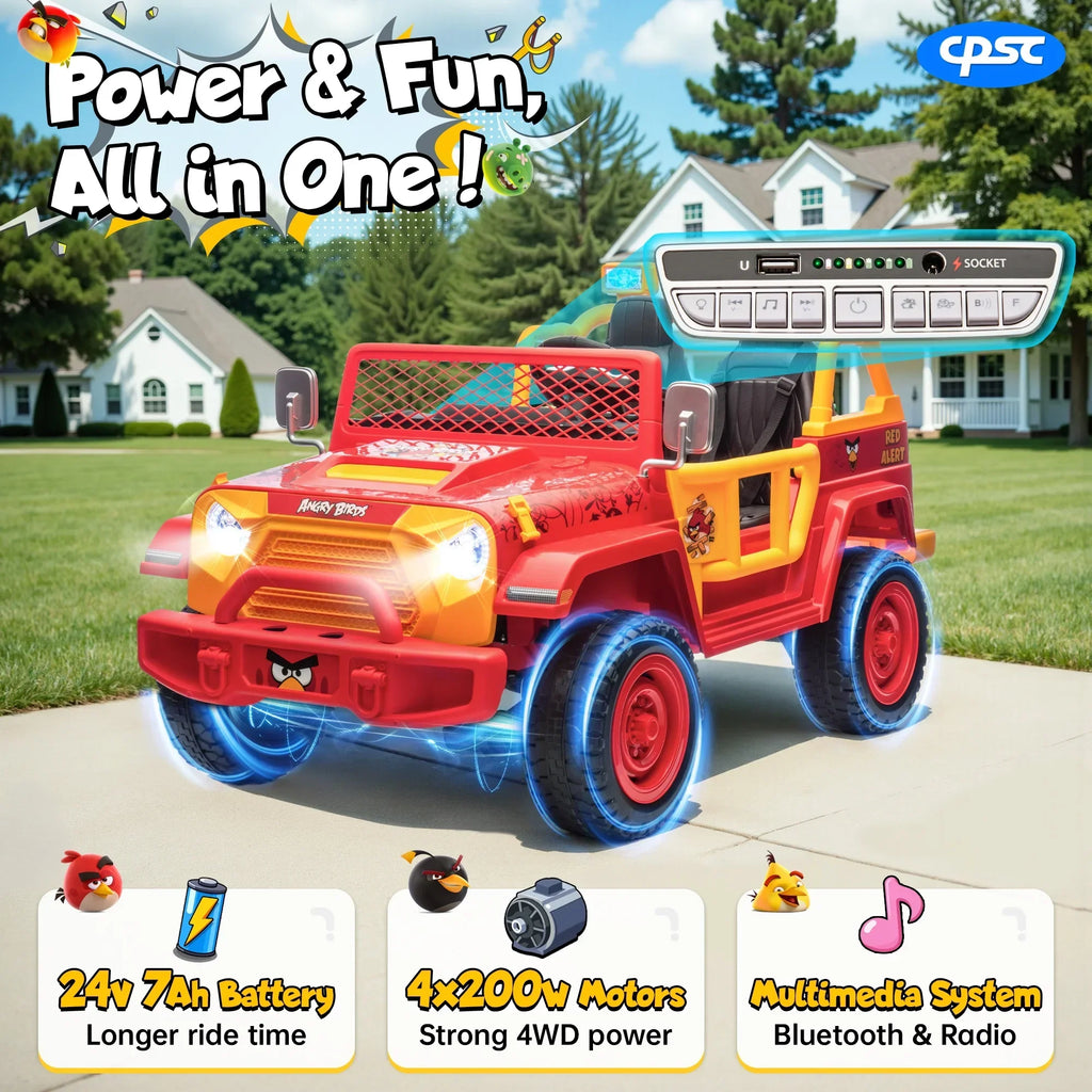 Nouveauté 2026 – Joyracer , véhicule électrique 24 volts pour enfants de 3 à 8 ans, sous licence Angry Birds, avec télécommande, pelle, Bluetooth, phares et roues motorisées. Convient aux enfants jusqu'à 60 kg (130 lbs). Couleur verte