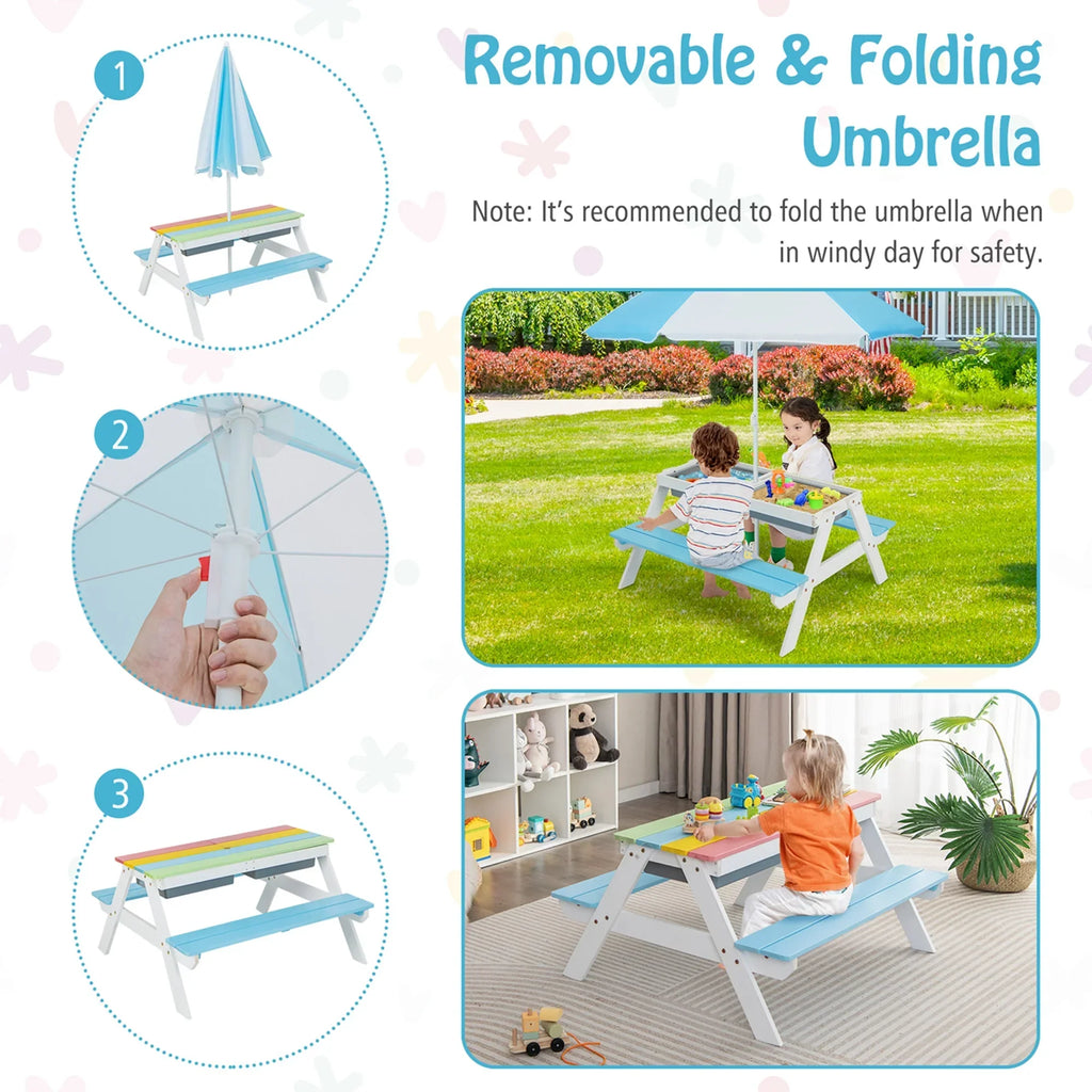 Nouveauté 2026 – Table de pique-nique 3 en 1 pour enfants Costway , en bois, avec bacs à sable et à eau, parasol et autres jeux, verte