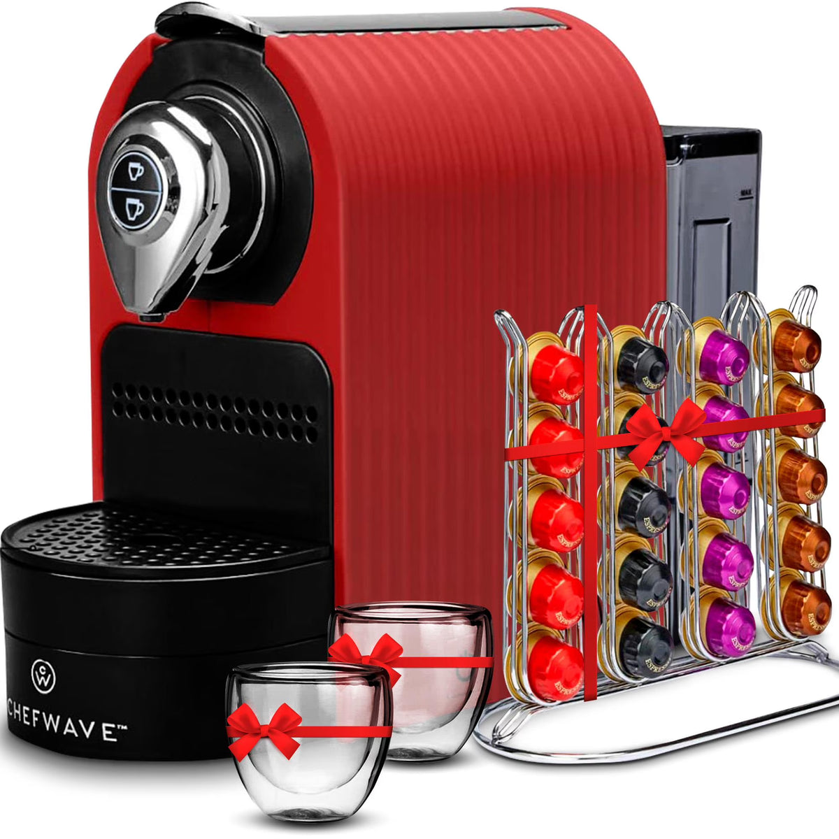 Nouveauté 2026 – Machine à expresso ChefWave pour capsules Nespresso (rouge), porte-capsules et tasses inclus