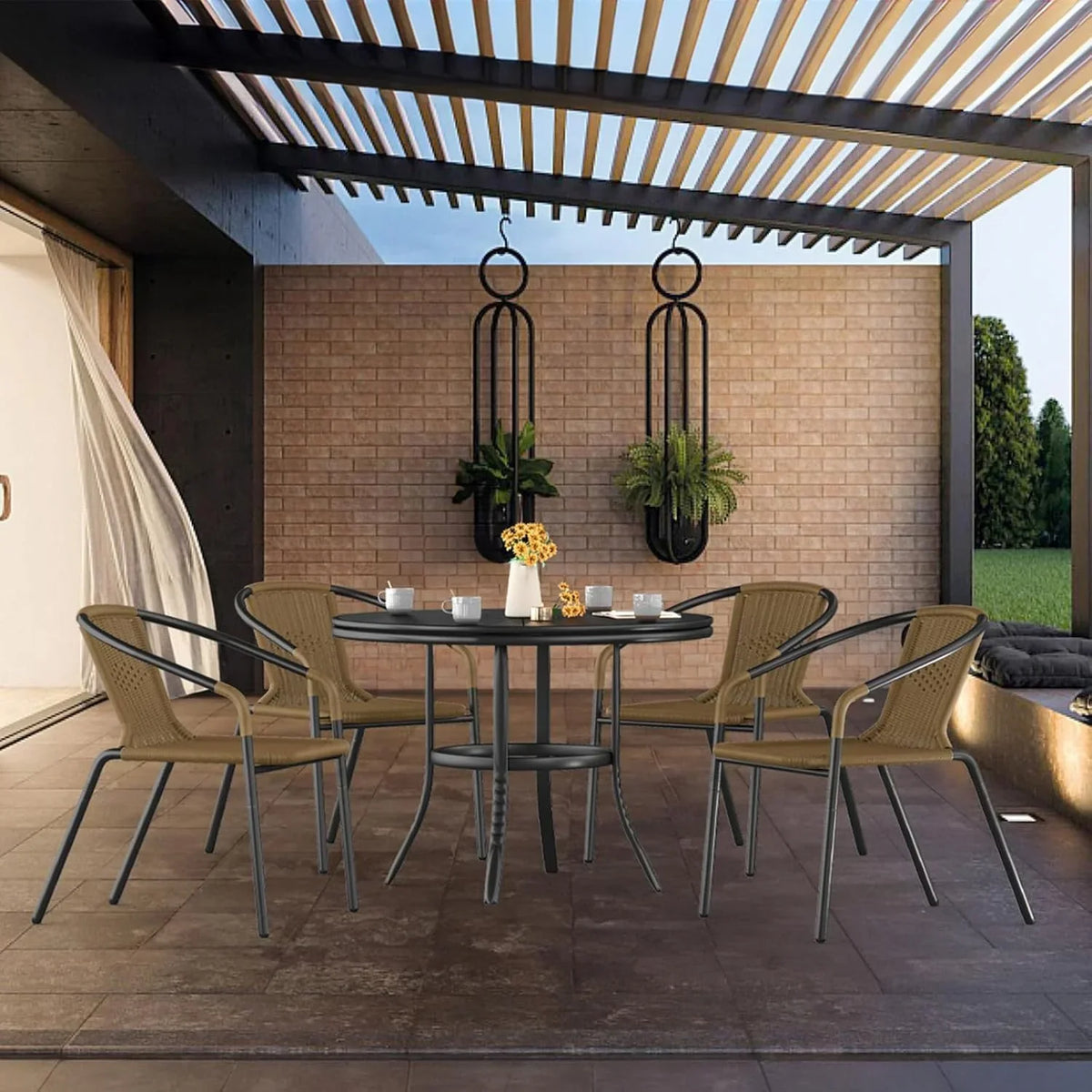 Nouveauté 2026 – Ensemble de 6 chaises de jardin ELPOSUN , chaises de patio en osier avec structure en métal, chaises empilables en rotin pour bistro, terrasse, jardin, porche, restaurant (noir