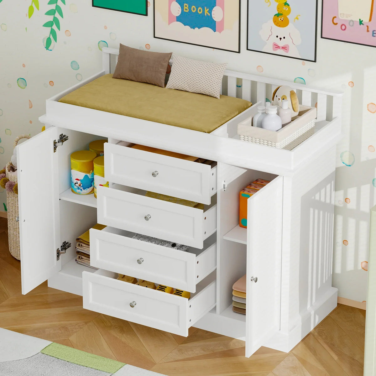 Nouveauté 2026 – Table à langer/commode pour chambre de bébé OXYLIFE , 114 cm (45 po), avec 4 tiroirs et une étagère, blanche