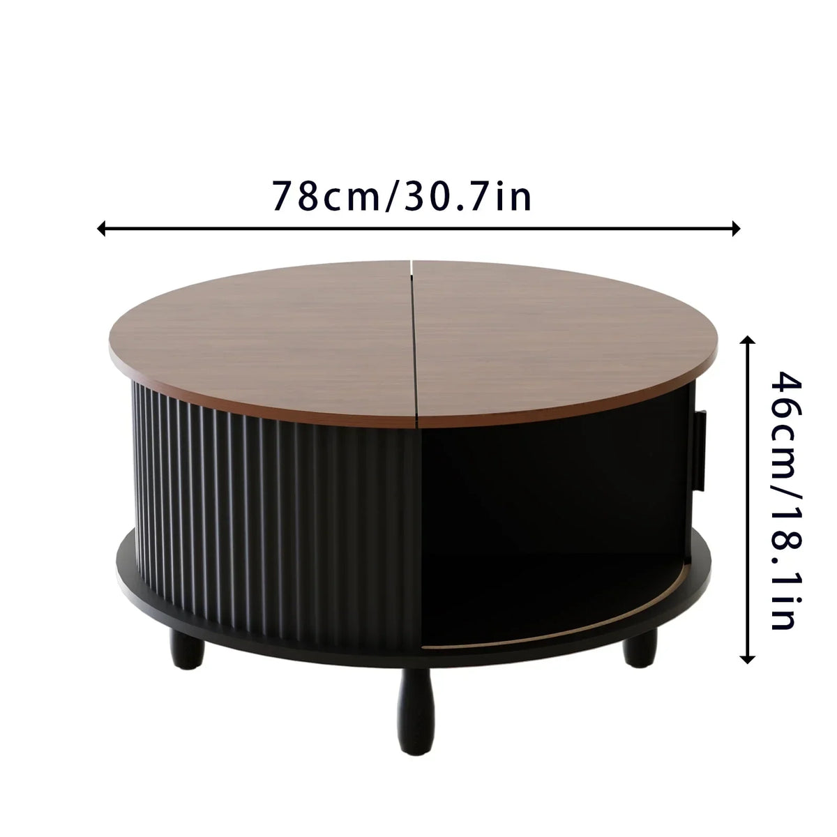 Nouveauté 2026 – Table basse ronde RUMLIVE avec rangement, table basse moderne de 78 cm avec porte coulissante incurvée à 360°, table basse en bois cannelé avec patins, table centrale ronde pour salon, noire