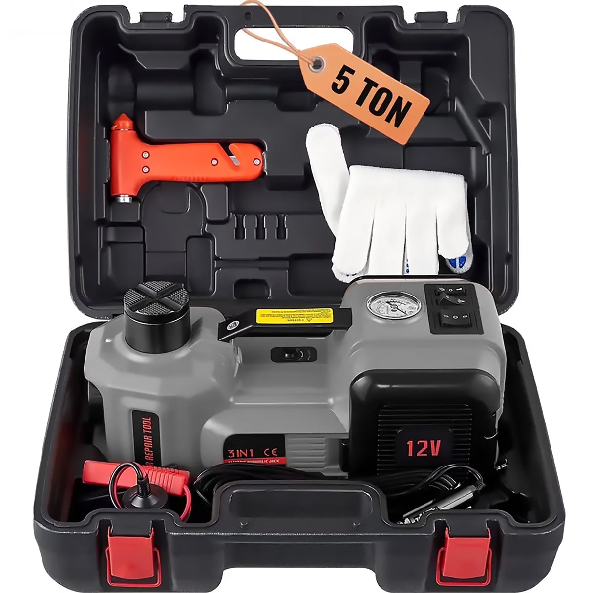 Nouveauté 2026 – Cric hydraulique électrique SZTAA avec compresseur d'air et marteau d'urgence, 5 tonnes (11 023 lb), pour SUV, berlines et camions (changement de pneus, réparations en garage