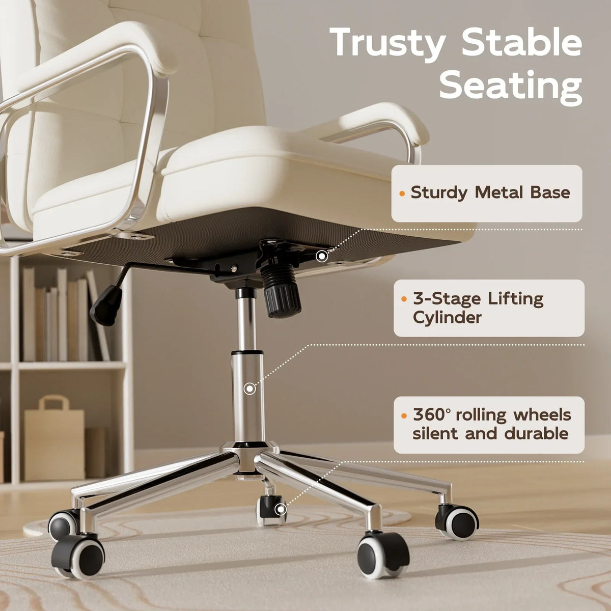 Nouveauté 2026 – Fauteuil de bureau Solfway blanc , fauteuil de bureau pivotant en cuir avec roulettes et accoudoirs rembourrés, fauteuil de direction pour adultes