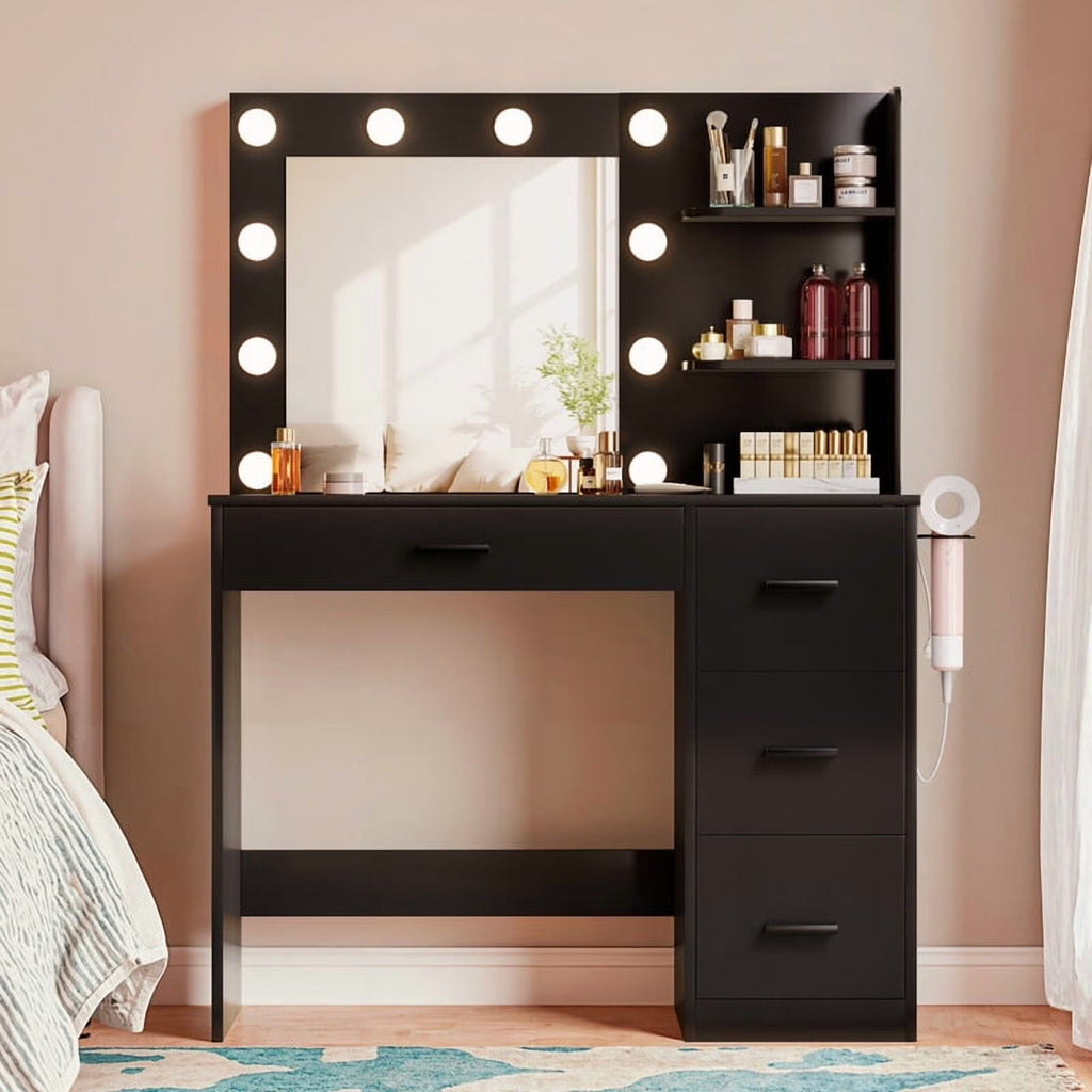 Nouveauté 2026 – Coiffeuse Lacoo avec miroir et éclairage LED, meuble de maquillage avec 7 tiroirs et 4 étagères, table de toilette avec prise électrique pour chambre ou dressing, blanche