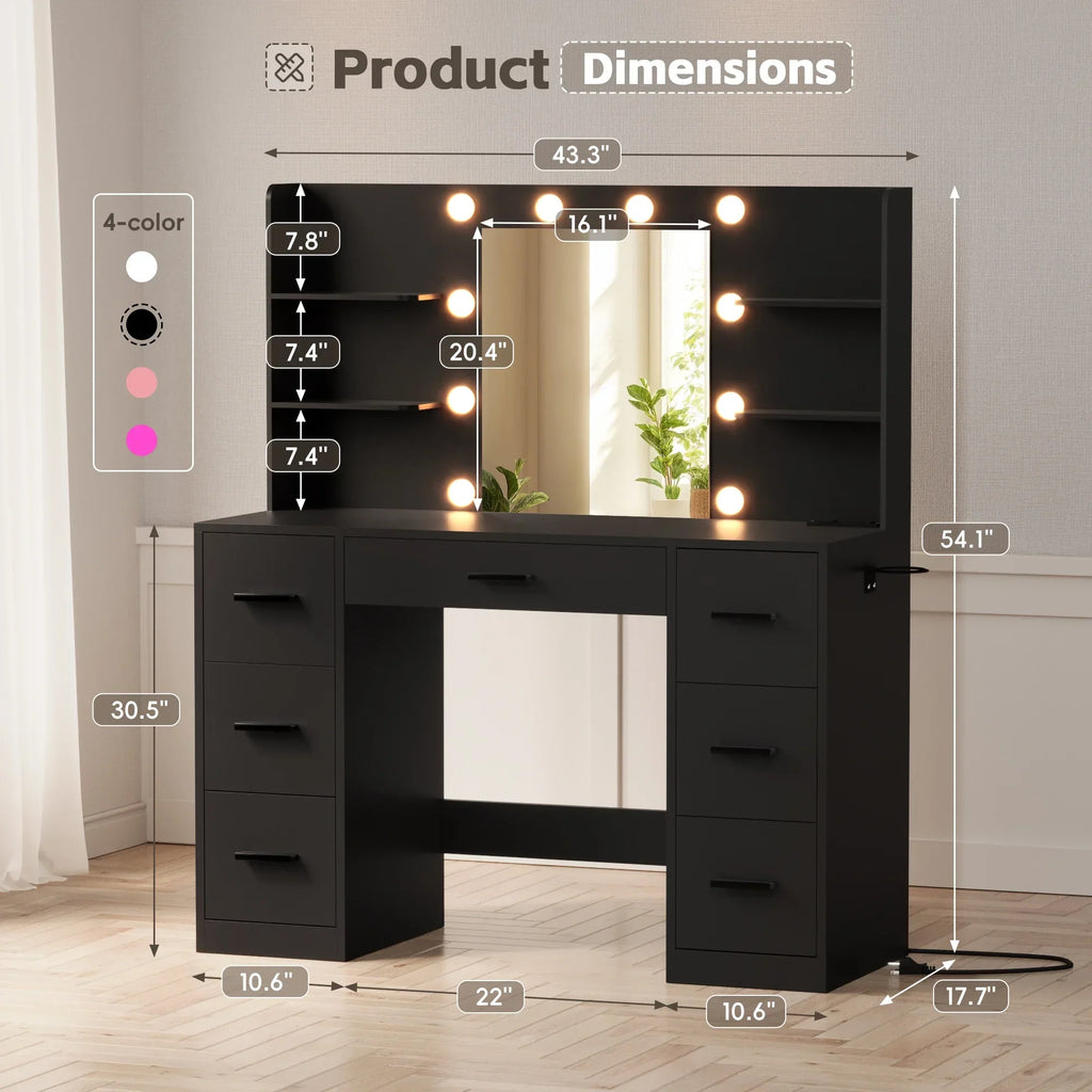 Nouveauté 2026 – Coiffeuse Lacoo avec miroir et éclairage LED, meuble de maquillage avec 7 tiroirs et 4 étagères, table de toilette avec prise électrique pour chambre ou dressing, blanche