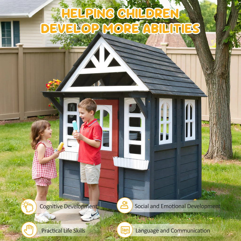 Nouveauté 2026 – Maisonnette d'extérieur COCLUB pour enfants de 4 à 8 ans, en bois, avec sonnette, téléphone et jouets de cuisine. Dimensions : 114 cm (L) x 165 cm (H). Couleurs : blanc et noir