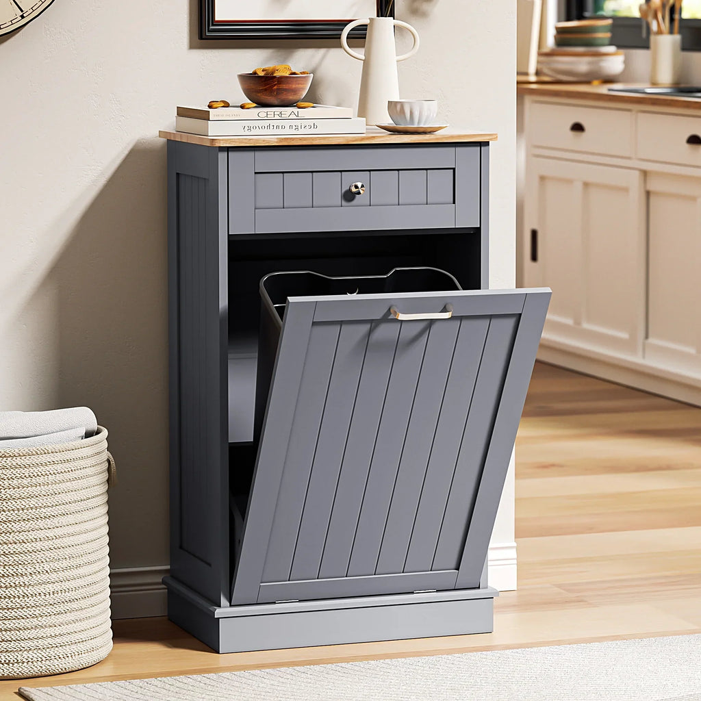 Nouveauté 2026 – Meuble poubelle basculant HARIPUL pour bac à déchets de 49 litres (13 gallons), meuble poubelle de cuisine autoportant avec tiroirs, blanc