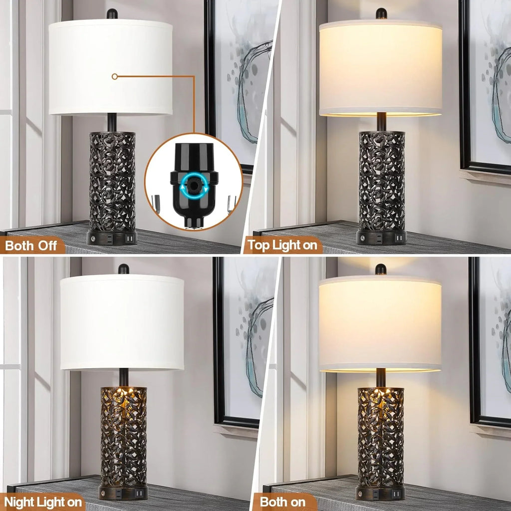Nouveauté 2026 – Ensemble de 2 lampes de table Cinkeda pour salon et chambre à coucher, avec ports USB, prise secteur, intensité réglable à 3 niveaux, veilleuse tactile, style champêtre, motif floral blanc, lampes de chevet