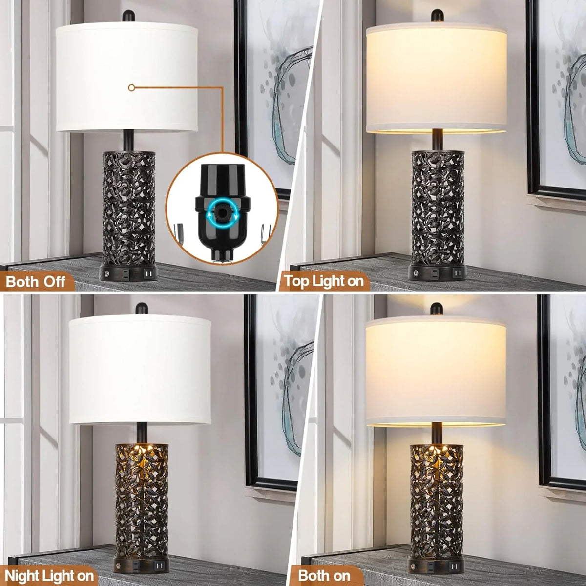Nouveauté 2026 – Ensemble de 2 lampes de table Cinkeda pour salon et chambre à coucher, avec ports USB, prise secteur, intensité réglable à 3 niveaux, veilleuse tactile, style champêtre, motif floral blanc, lampes de chevet