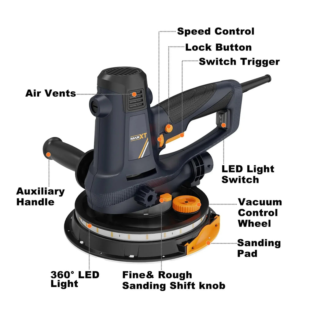 Nouveauté 2026 – Ponceuse électrique pour cloisons sèches POVANLI 780 W avec aspiration des poussières, moteur 6,5 A, vitesse variable (900-1800 tr/min), éclairage LED, poignée extensible et pliable, jaune et noir