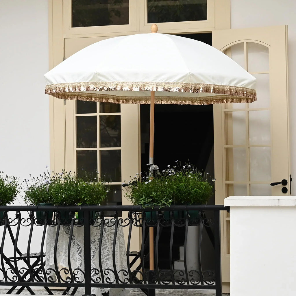 Nouveauté 2026 – Parasol de terrasse LAGarden de 1,8 m à franges et pompon, style Jazz Age, en bois, protection UPF50+, beige avec pompon doré, modèle : JZ6-01