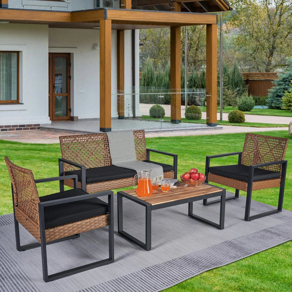 Nouveauté 2026 – Ensemble de mobilier de patio robuste , ensemble de conversation d'extérieur sectionnel 4 pièces, ensemble de canapé de patio en rotin PE marron avec coussins bleus