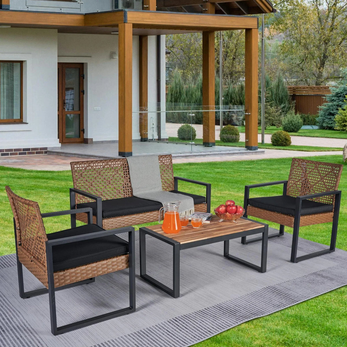 Nouveauté 2026 – Ensemble de mobilier de patio robuste , ensemble de conversation d'extérieur sectionnel 4 pièces, ensemble de canapé de patio en rotin PE marron avec coussins bleus