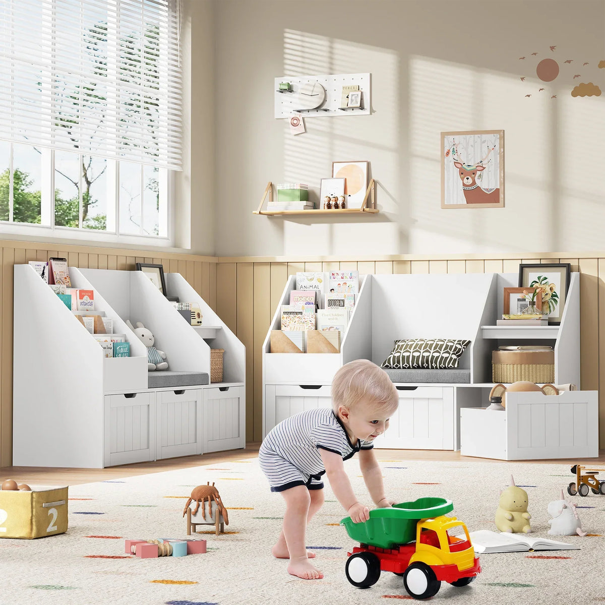 Nouveauté 2026 – Bibliothèque pour enfants Homfa avec coin lecture et 3 tiroirs amovibles, bibliothèque à 2 cubes avec étagères à livres à 4 niveaux, rangement pour jouets et jouets, idéale pour la chambre ou la salle de jeux, blanche