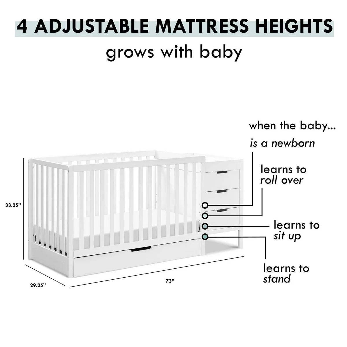 Nouveauté 2026 – Lit bébé convertible 4 en 1 avec table à langer intégrée Carter-s by DaVinci Colby, blanc