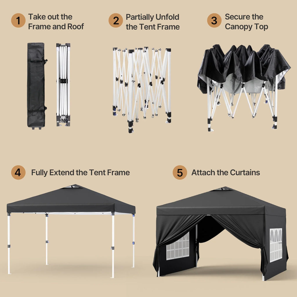 Nouveauté 2026 – Tente pliante 3 x 3 m avec 4 parois latérales amovibles – Tente extérieure portable Lofka avec 4 sacs de sable, 8 piquets et cordes – Idéale pour la plage, les fêtes, la terrasse et le jardin, noire