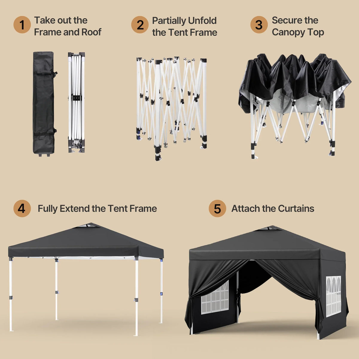 Nouveauté 2026 – Tente pliante 3 x 3 m avec 4 parois latérales amovibles – Tente extérieure portable Lofka avec 4 sacs de sable, 8 piquets et cordes – Idéale pour la plage, les fêtes, la terrasse et le jardin, noire