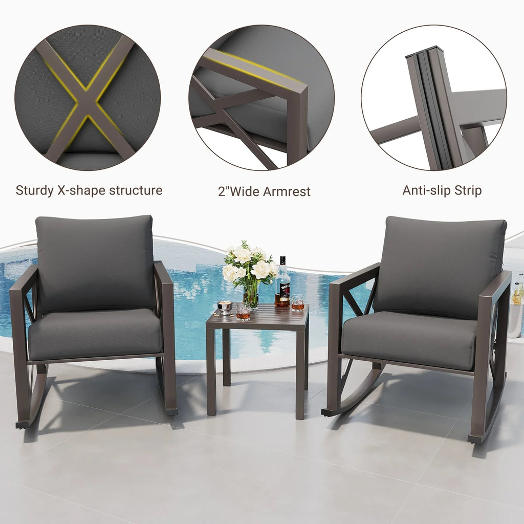 Nouveauté 2026 – Ensemble bistro MRUAKA , 3 pièces, comprenant 2 fauteuils à bascule et 1 table basse en métal avec coussins épais, idéal pour véranda, jardin ou bord de piscine, couleur beige