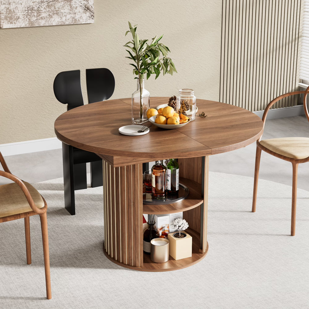 Nouveauté 2026 – Table de salle à manger extensible pour 4 à 6 personnes, table de cuisine ronde avec étagère de rangement, tables de salle à manger ovales pour salon (noyer