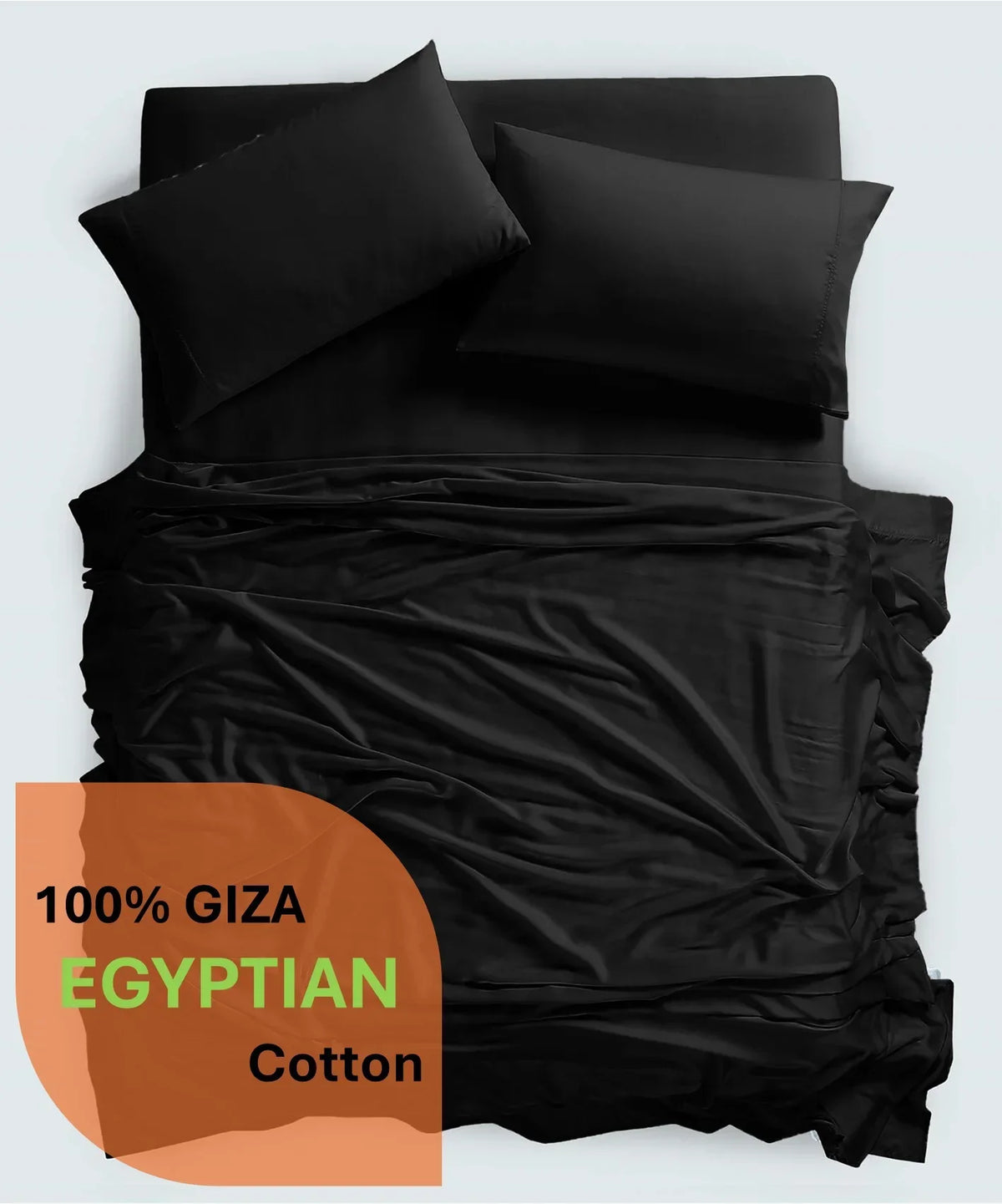 Nouveauté 2026 – Parure de lit 4 pièces en coton égyptien Giza 100 % (600 fils/cm²), drap-housse à bonnet profond de 38 cm, satin doux et respirant - Noir, 1 place