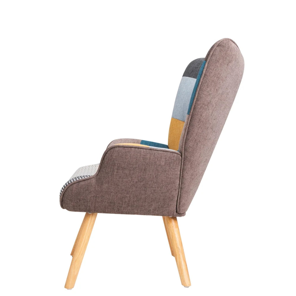 Nouveauté 2026 – Fauteuil d'appoint moderne avec pieds en bois massif et dossier haut à oreilles, ensemble de fauteuil avec repose-pieds, fauteuil confortable pour salon, salle de lecture, chambre, patchwork coloré