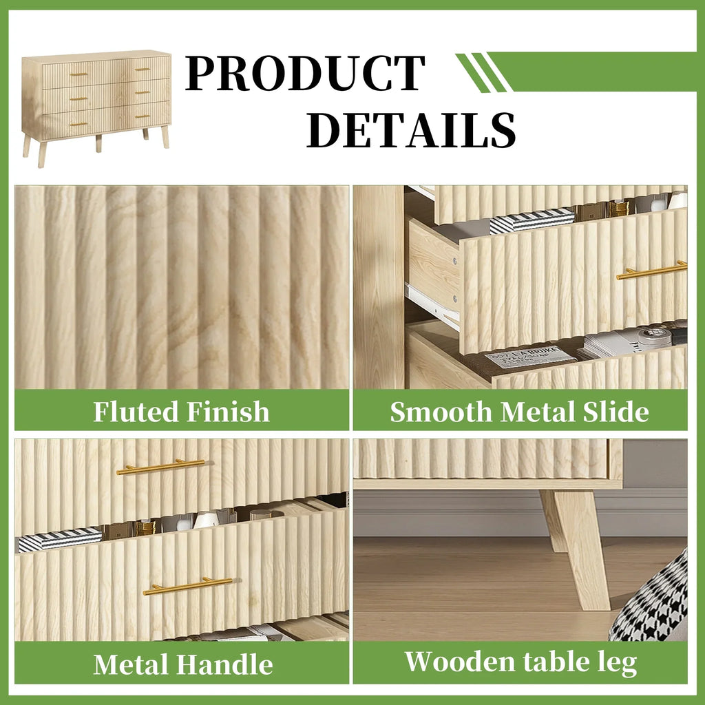 Nouveauté 2026 – Commode à 6 tiroirs Fluted , commode moderne large, commode double à 6 tiroirs