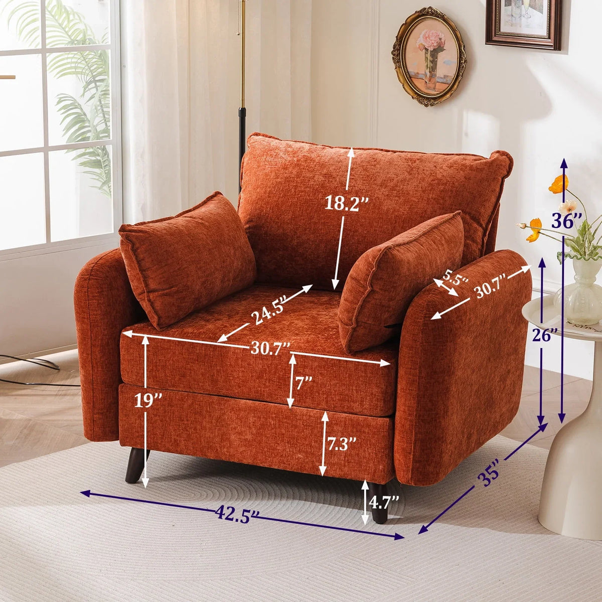 Nouveauté 2026 – Fauteuil d'appoint surdimensionné Rexulqo avec rangement intégré, confortable pour le salon, livré avec 2 coussins décoratifs, fauteuil rembourré style milieu du siècle, assise profonde de 62 cm, fauteuil de lecture pour chambre ou b