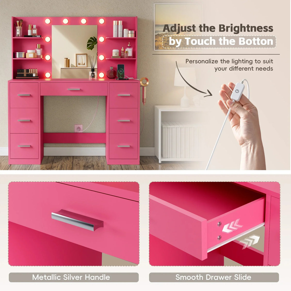 Nouveauté 2026 – Coiffeuse Lacoo avec miroir et éclairage LED, meuble de maquillage avec 7 tiroirs et 4 étagères, table de toilette avec prise électrique pour chambre ou dressing, blanche