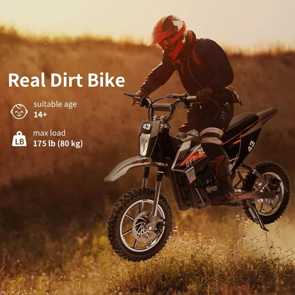 Nouveauté 2026 – Moto électrique tout-terrain pour enfants , 36 V, jusqu'à 25 km/h, moteur sans balais de 350 W, phare LED, selle en cuir, freins avant et arrière, pour enfants de 8 à 16 ans, charge maximale 79 kg