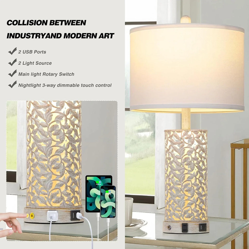 Nouveauté 2026 – Ensemble de 2 lampes de table Cinkeda pour salon et chambre à coucher, avec ports USB, prise secteur, intensité réglable à 3 niveaux, veilleuse tactile, style champêtre, motif floral blanc, lampes de chevet