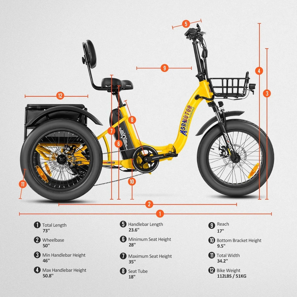 Nouveauté 2026 – Tricycle électrique Addmotor , 750 W, pliable, pour adultes, batterie amovible 48 V 20 Ah, pneus larges 20 pouces avec différentiel arrière, M-330F jaune