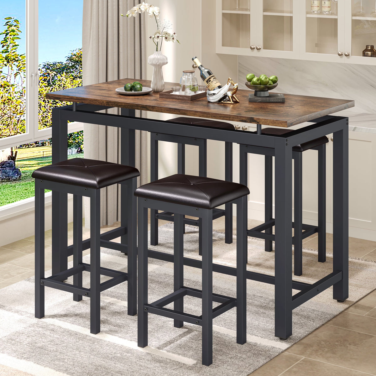 Nouveauté 2026 – Ensemble de table haute 5 places , table de bar et tabourets assortis, table à manger minimaliste avec tabourets sans dossier, ensemble table et chaises de bar avec plateau en bois pour cuisine, appartement ou bistrot - Gain de place