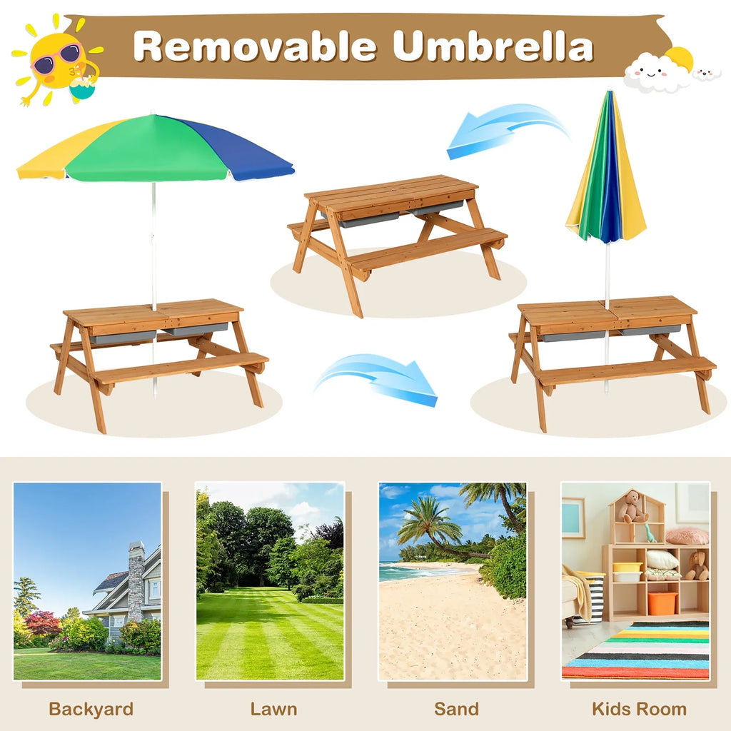 Nouveauté 2026 – Table de pique-nique 3 en 1 pour enfants Costway , en bois, avec bacs à sable et à eau, parasol et autres jeux, verte