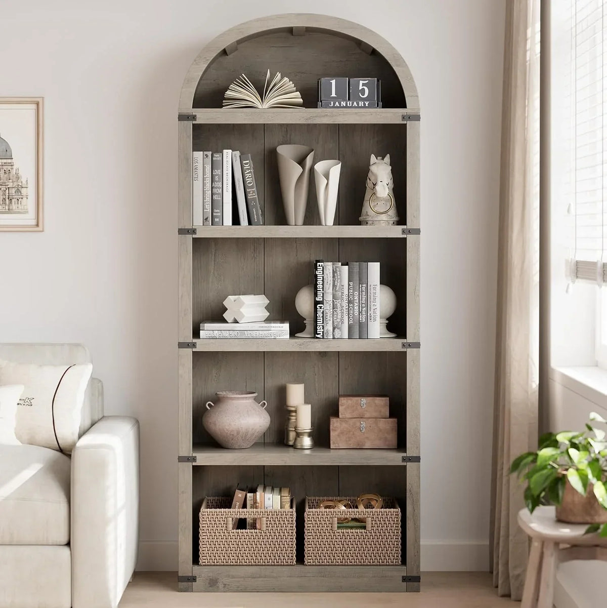 Nouveauté 2026 – Bibliothèque arquée à 5 étagères, 182 cm de haut, style ferme, étagère de rangement en bois pour la maison, le bureau ou le salon (blanche