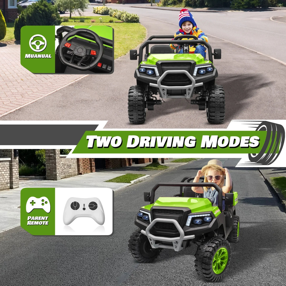 Nouveauté 2026 – Joyracer , véhicule tout-terrain électrique (UTV) 24 volts pour enfants, 2 places, avec télécommande. Voiturette de golf électrique avec 4 moteurs de 200 W, remorque inclinable et pelle, suspension à ressorts sur les 4 roues, musique