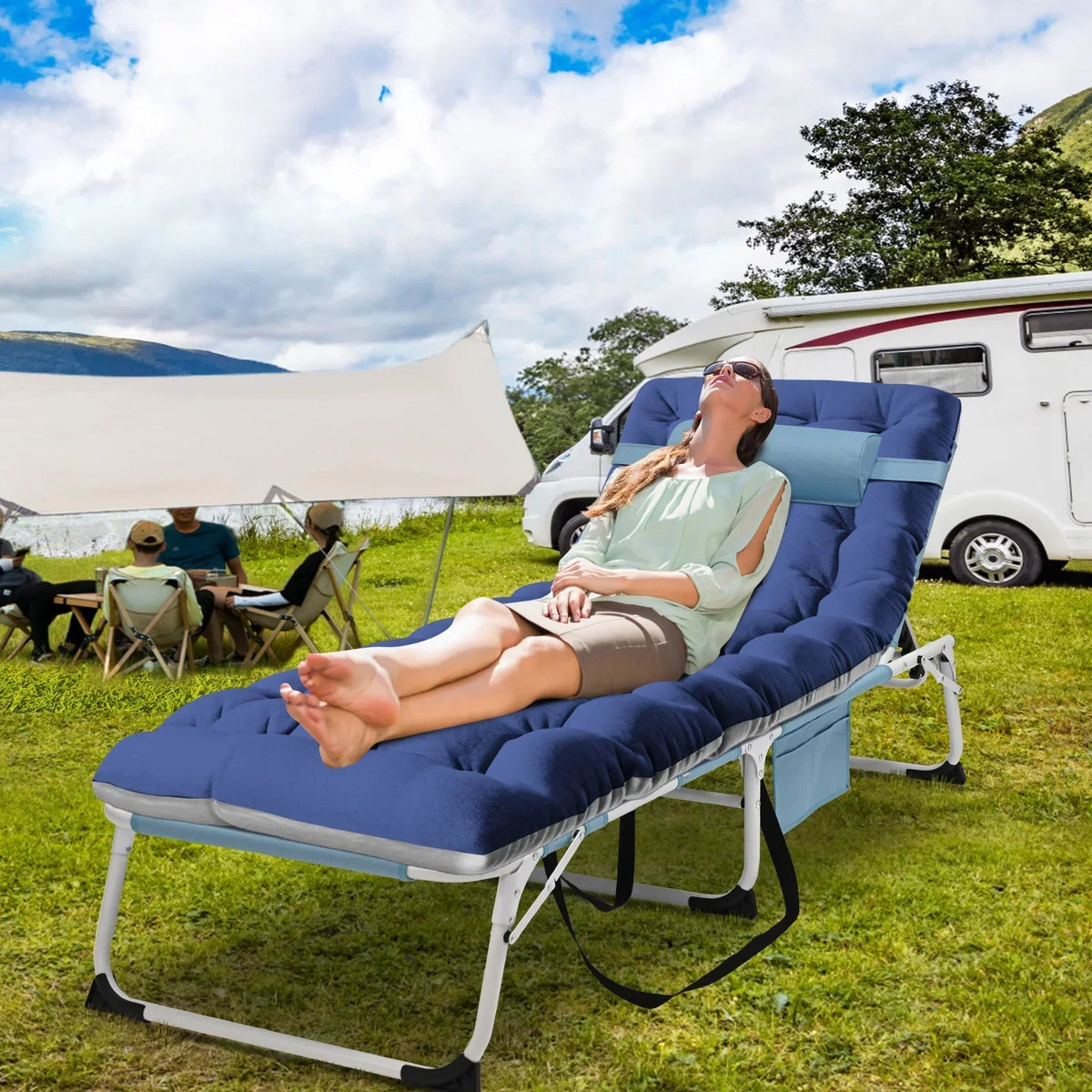 Nouveauté 2026 – Chaise longue MOPHOTO avec matelas, supportant jusqu'à 200 kg, lit de camp portable et robuste, réglable, idéal pour le camping, la piscine, la plage et la terrasse