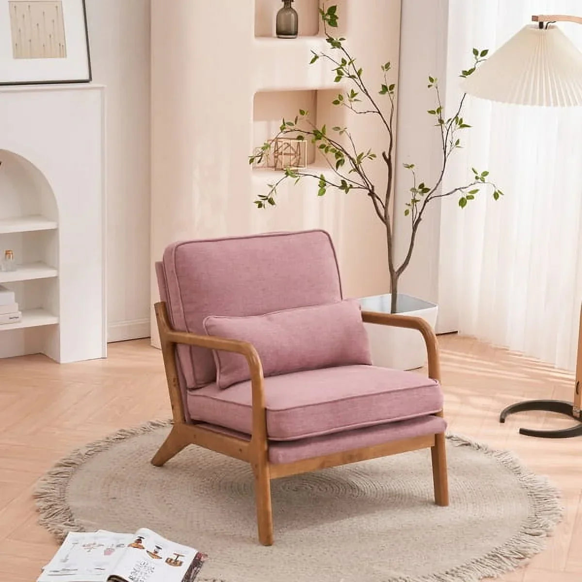 Nouveauté 2026 – Fauteuil de lecture Accent Chairs , fauteuil lounge en lin avec structure en bois massif, style moderne du milieu du siècle, montage facile, pour salon - Beige
