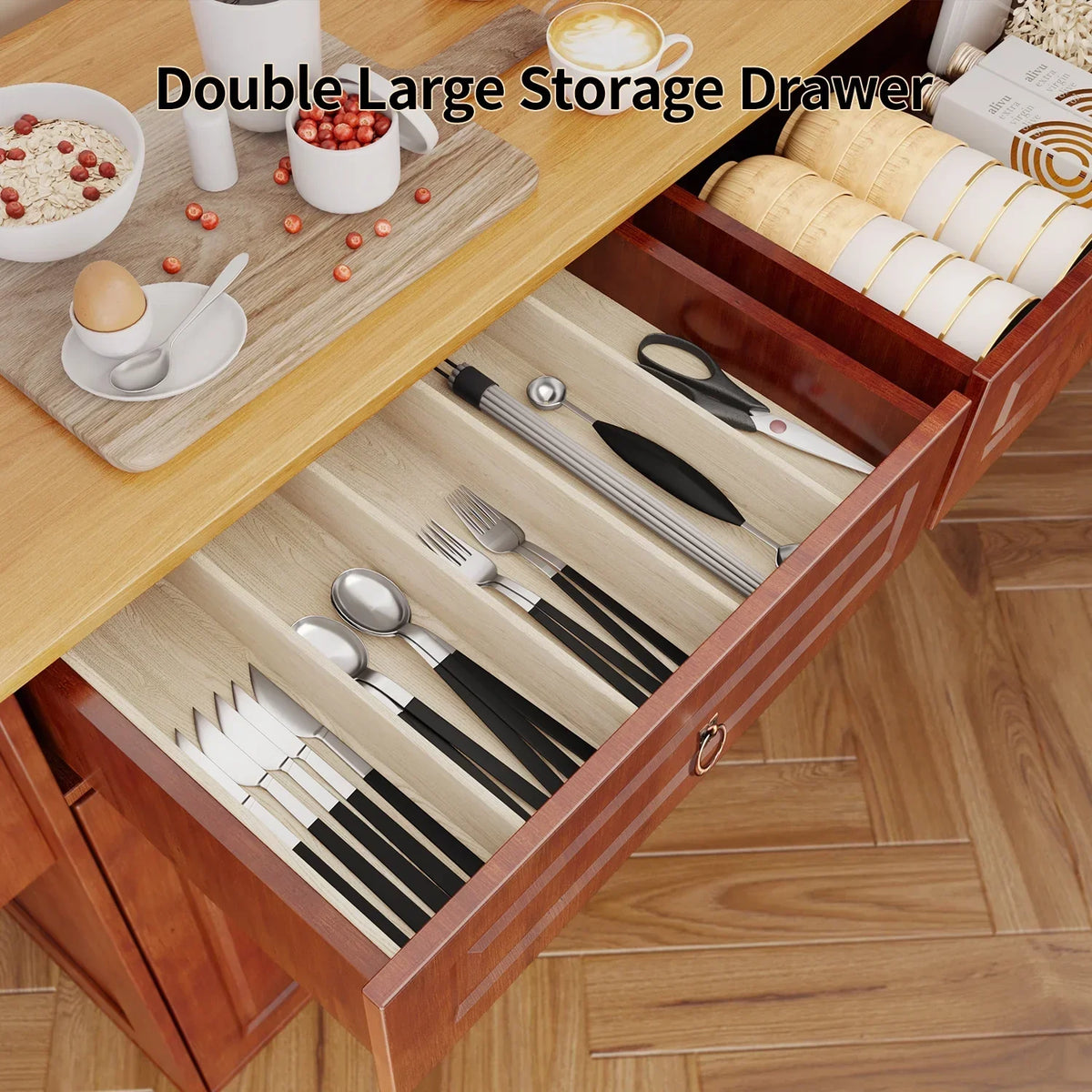 Nouveauté 2026 – Îlot de cuisine Lofka 52 pouces (132 cm) avec rangement sur roulettes et abattant en bois, idéal pour les petites cuisines