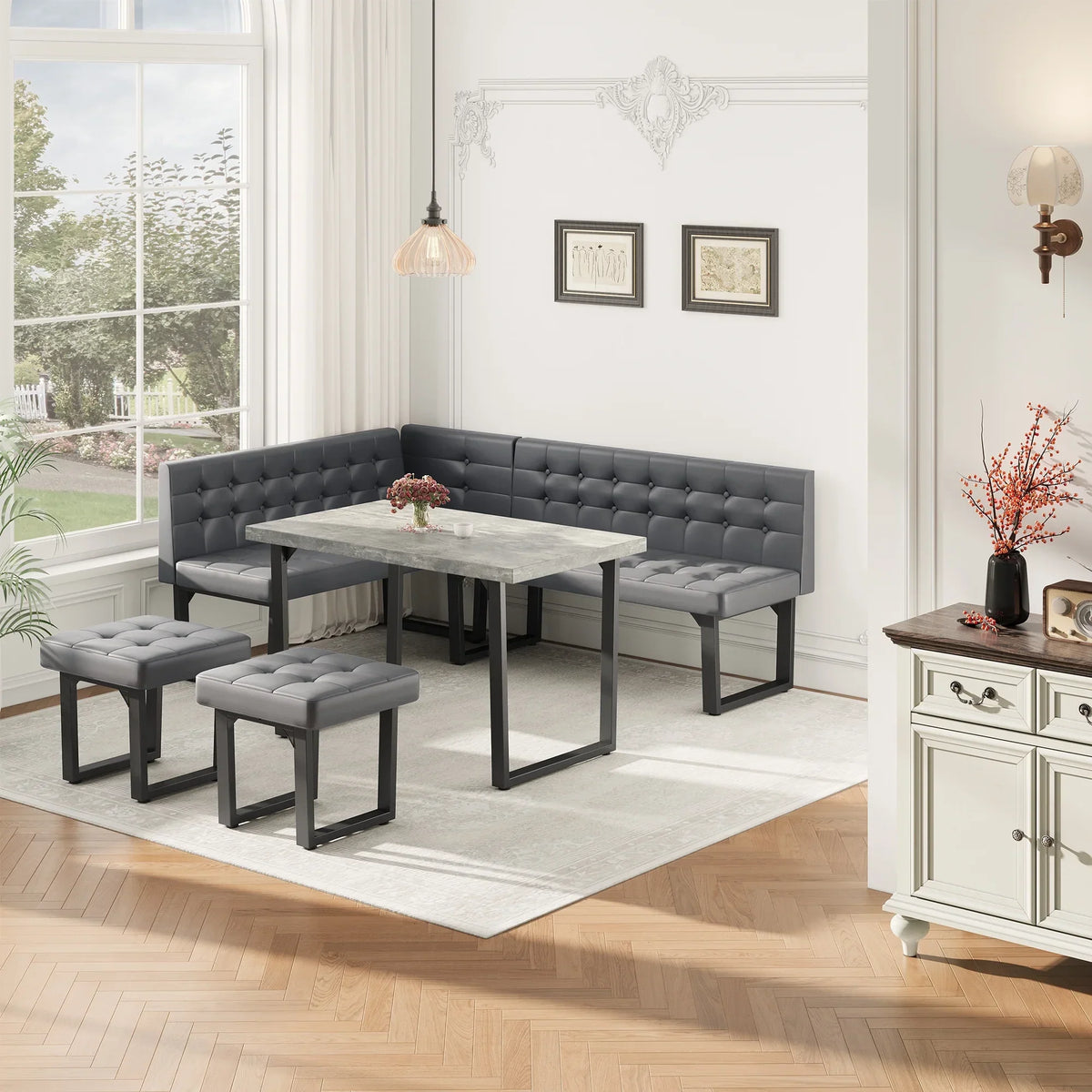 Nouveauté 2026 – Ensemble de salle à manger d'angle 5 pièces Brafab avec table et banc, style moderne, avec banquette rembourrée grise