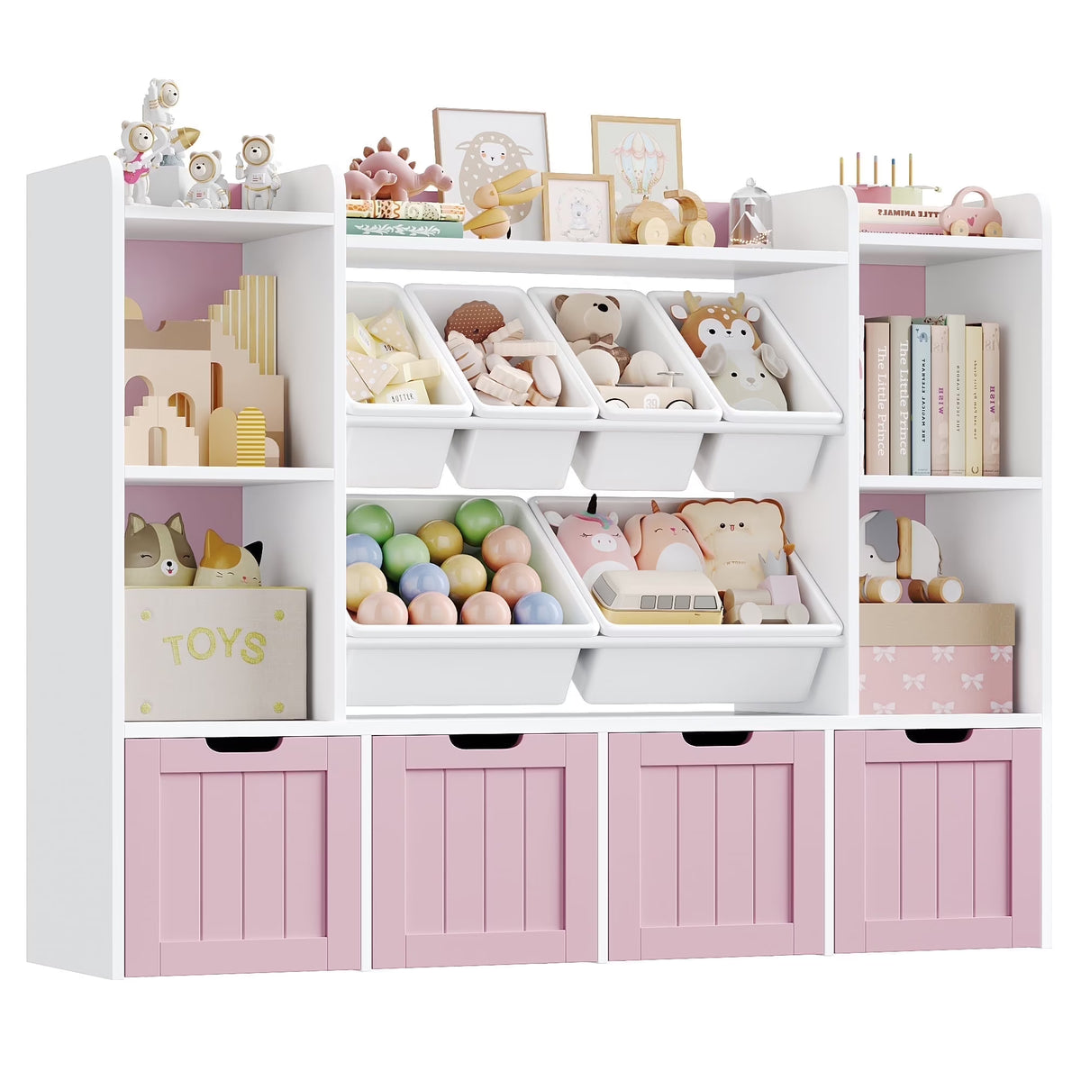 Nouveauté 2026 – Bibliothèque enfant Hiphuta à 3 niveaux avec rangement pour jouets, en bois, composée de 6 boîtes et 4 tiroirs amovibles, blanche