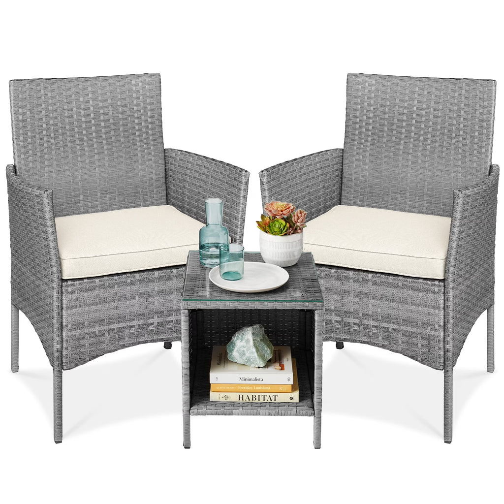 Nouveauté 2026 – Ensemble bistro de jardin 3 pièces en résine tressée Best Choice Products , avec 2 chaises et une table - Gris/Bleu marine