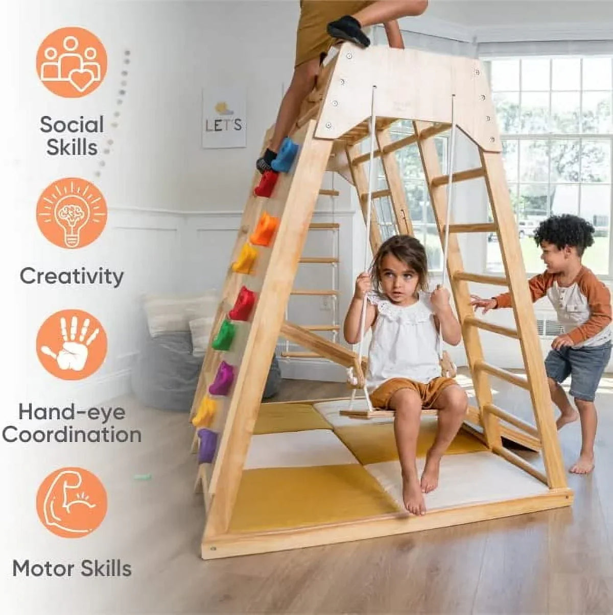 Nouveauté 2026 – Avenlur Aire de jeux intérieure pour tout-petits et enfants - Structure en bois véritable 6 en 1 avec toboggan, mur d'escalade, corde à grimper, barres de singe, balançoire et échelle. Un espace de jeux amusant pour les enfants