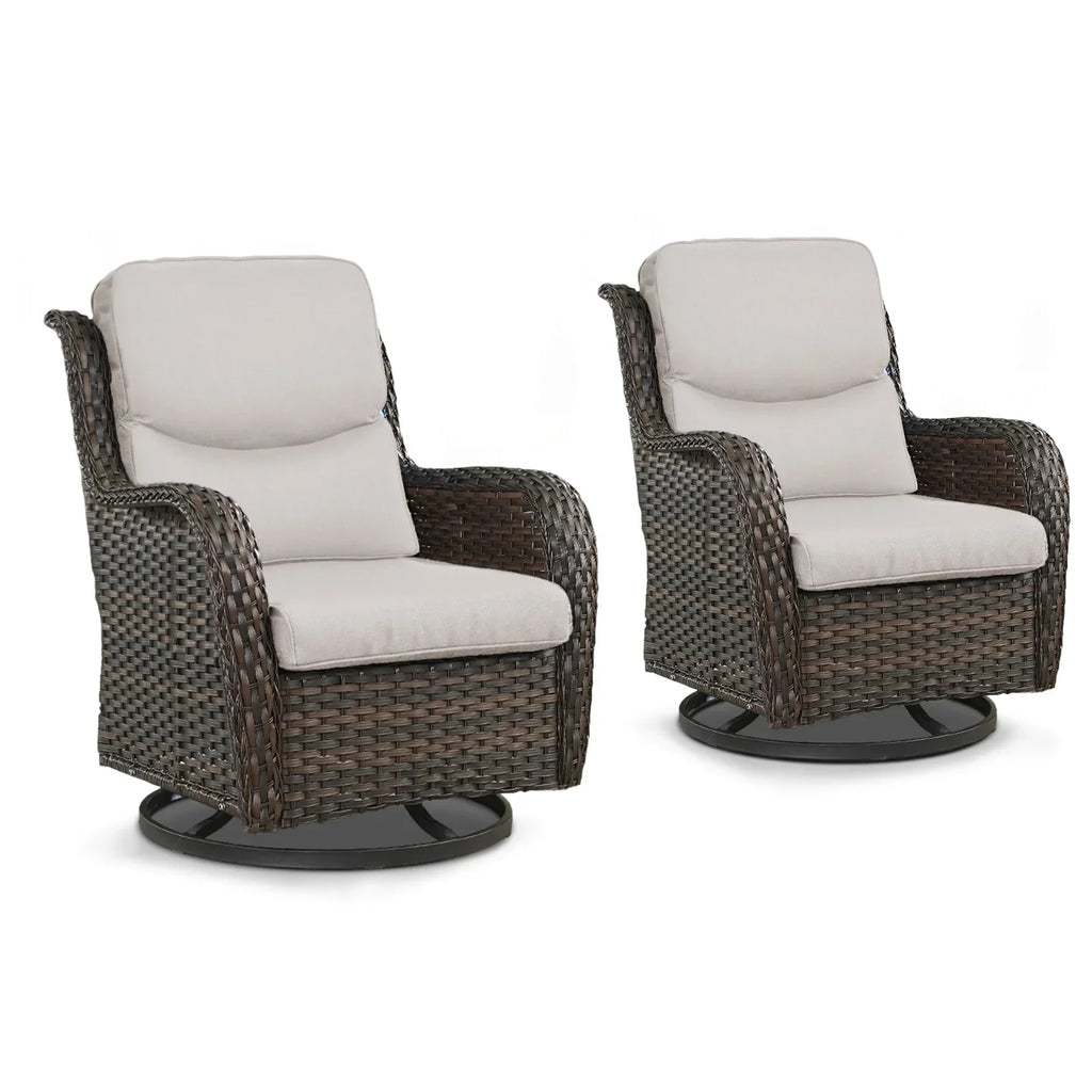 Nouveauté 2026 – POCASSY Fauteuils pivotants de patio, fauteuils à bascule pivotants d'extérieur en osier avec dossier haut et coussins épais pour véranda ou terrasse - Lot de 2, beige